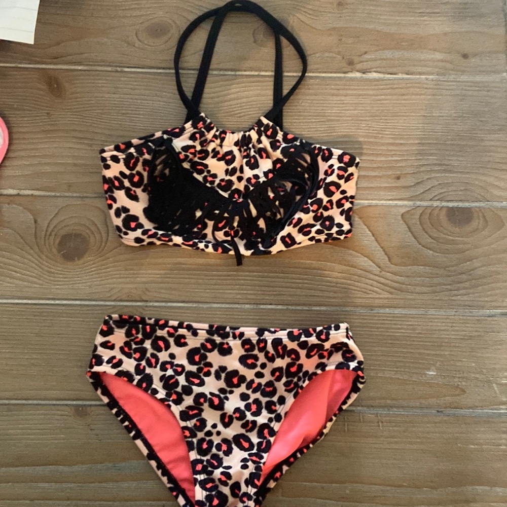 Pink and black leopard fringe bikini